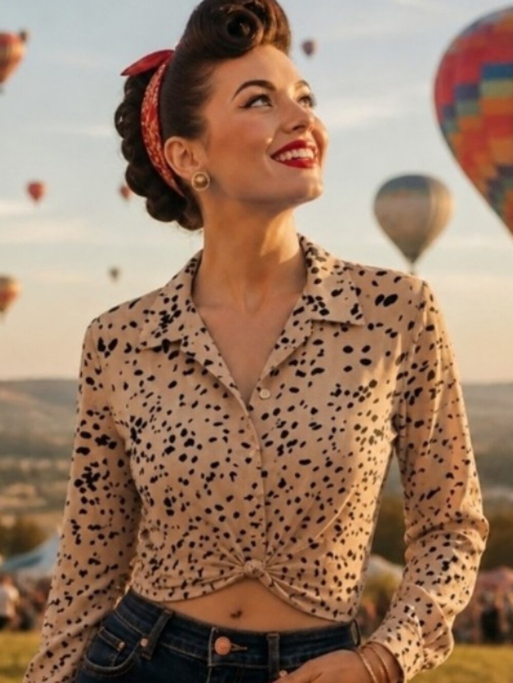 Beige Dalmatian-Spot Button Front Knot Blouse - Picture 1 of 5